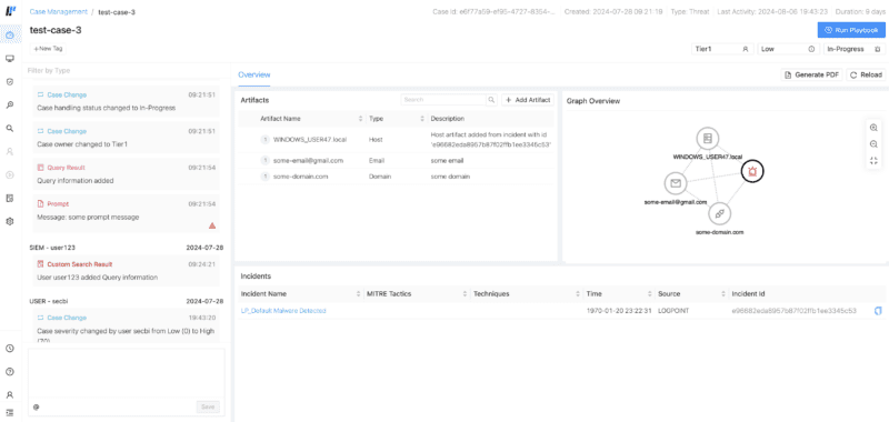 Logpoint interface showing its case manager feature, where you have the timeline on the left side, and on the right side you have the incidents, the artifacts and the graph overview