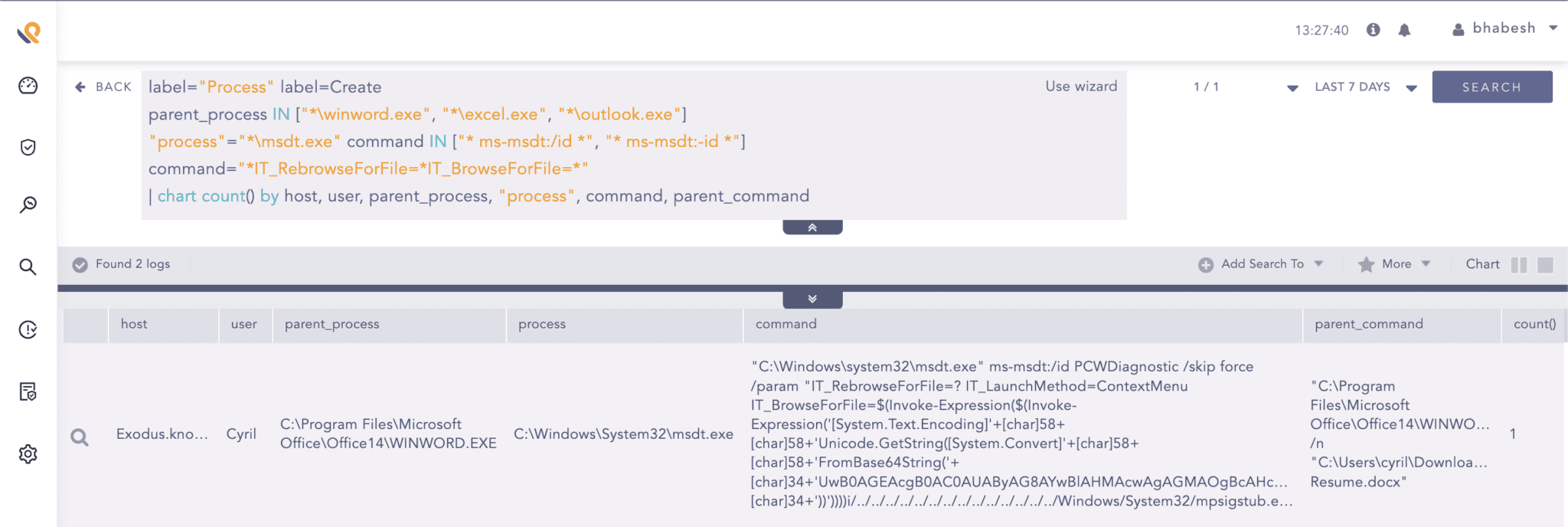 LP - Searching for Follina artifacts in process creation events