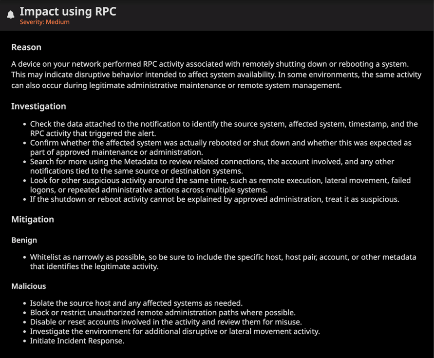 Guardsix NDR screenshot showing RPC alert details.